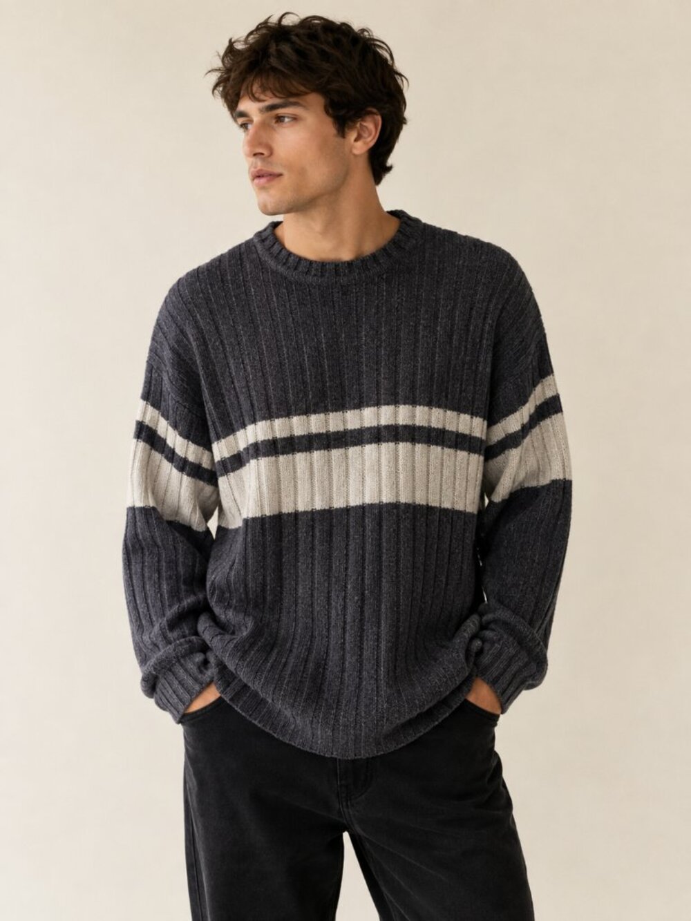Mens L Ribbed Sweater Navy Blue Cream Stripe 90s Grandpa Core Y2K Retro